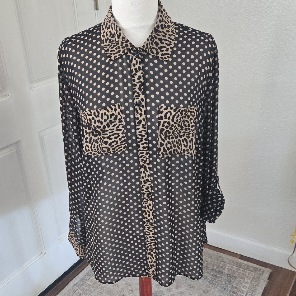 INC International Concepts Black Polka Dot Blouse with Leopard Accents